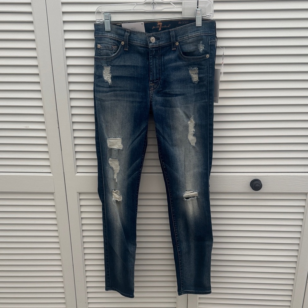 7 For All Mankind Dark Blue Distressed Super Skinny Jeans NWT - Sz 28